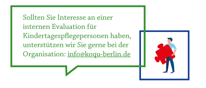 Illustration mit dem Text: „Sollten Sie Interesse an einer internen Evaluation für Kindertagespflegepersonen haben, unterstützen wir Sie gerne bei der Organisation: info@koqu-berlin.de“