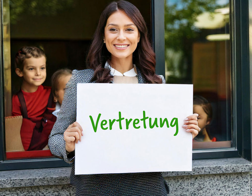 Eine lächelnde Frau steht vor einem Fenster mit Kindern und hält ein Schild mit der Aufschrift „Vertretung“ in der Hand.